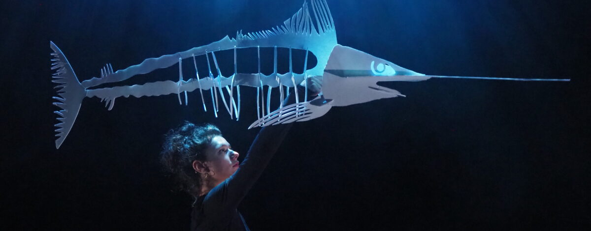 Une femme semble tenir un grand requin, sur un fond bleu foncé qui rapelle celui des fonds marins